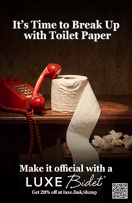 LUXE Bidet puts toilet paper on the receiving end of a breakup call in this retro-inspired ad, bringing the “Break Up With Toilet Paper” concept to life. The creative encourages consumers to switch from wiping to washing, with a QR code and dedicated link offering 20% off a LUXE Bidet.