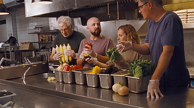 Members of the London Vegetable Orchestra prepare vegetables used to create custom instruments for Chipotle’s “From Ground to Sound” project. The instruments were tested over three months before the recording session.
