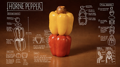 A behind-the-scenes look at the design of the “Horne Pepper,” one of the custom vegetable instruments created for Chipotle’s “From Ground to Sound” project using bell peppers and an avocado pit.