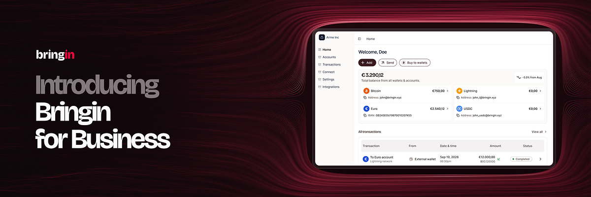 Bringin Introduces Euro Business Accounts for Companies Adopting Bitcoin, Without Taking Custody of Their Bitcoin