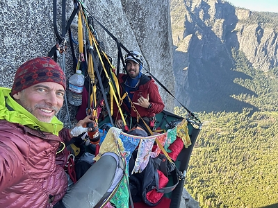 Manley Feinberg II on a portaledge high on El Capitan, Yosemite National Park.