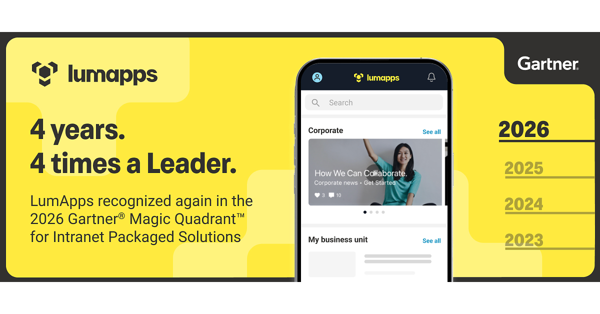 LumApps reconnu Leader du Magic Quadrant™ 2026 de Gartner® pour les solutions intranet packagées