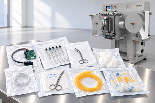 SECURUS VS610 Vertical Pouch Making Machine with sample pouches