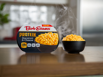 Bob Evans Protein Macaroni & Cheese delivers 18g of protein per serving for a protein-powered take on the rich, creamy comfort food. Bob Evans Protein Macaroni & Cheese delivers 18g of protein per serving for a protein-powered take on the rich, creamy comfort food.