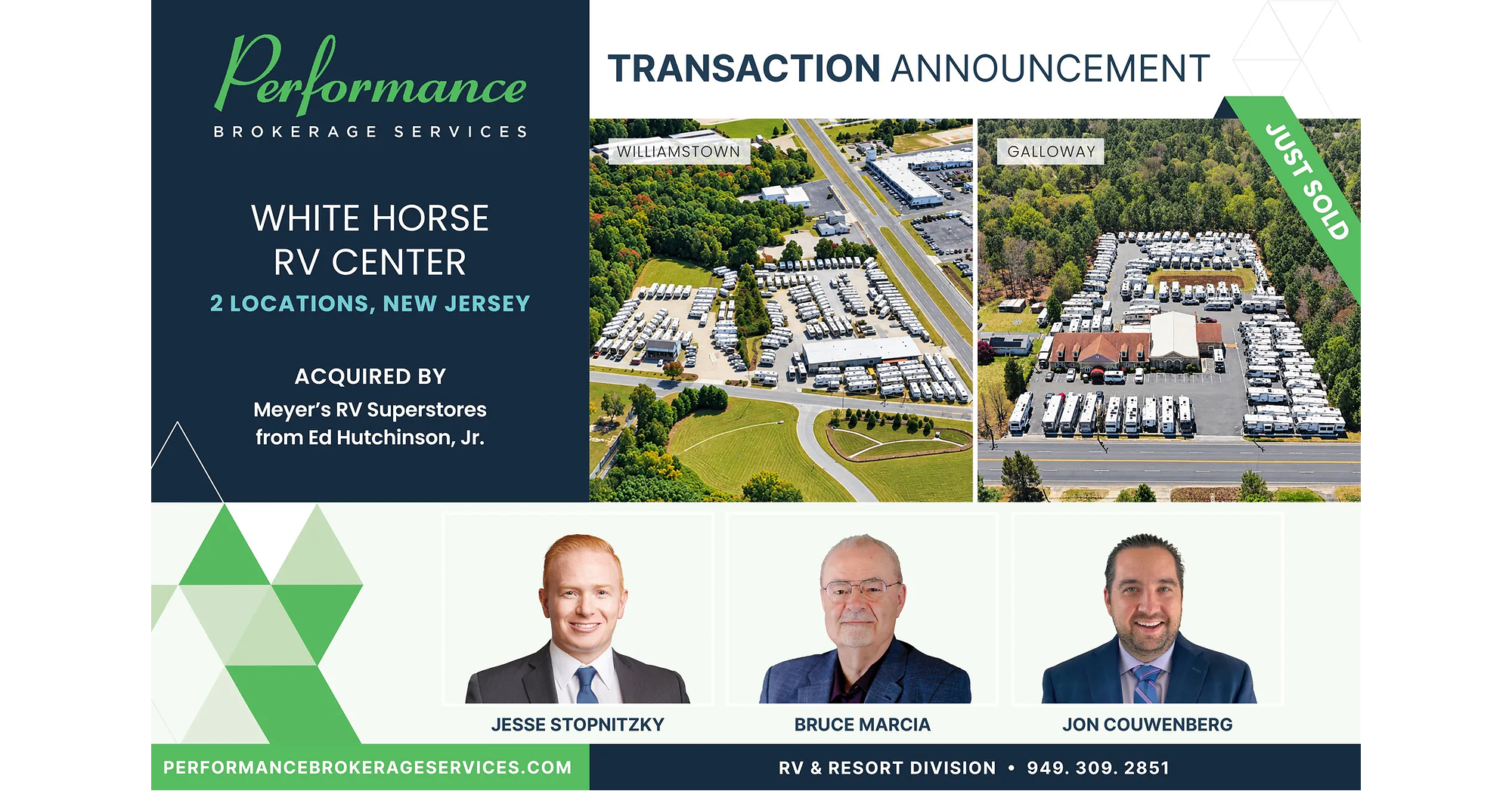 Performance Brokerage Services Advises on the Sale of White Horse RV Center in Williamstown and Galloway, New Jersey from Ed Hutchinson, Jr. to Meyer's RV Superstores