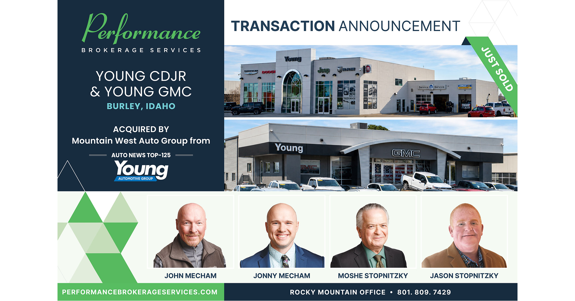 Performance Brokerage Services Advises on the Sale of Young Chrysler Dodge Jeep Ram and Young GMC in Burley, Idaho from Young Automotive Group to Mountain West Auto Group