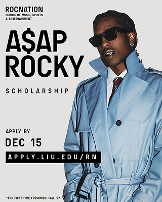 A$AP Rocky announces a four-year, full-tuition scholarship for a student to attend the Roc Nation School of Music, Sports & Entertainment at LIU. A$AP Rocky announces a four-year, full-tuition scholarship for a student to attend the Roc Nation School of Music, Sports & Entertainment at LIU.
