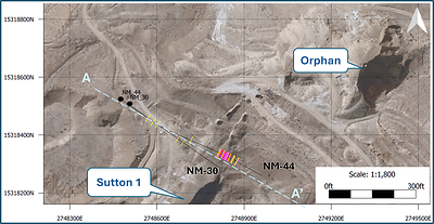 Figure 1. Section and location Map of drillhole NM-30 Figure 1. Section and location Map of drillhole NM-30
