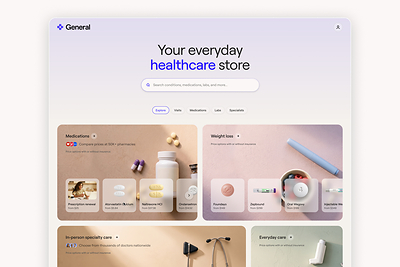 General Medicine organizes medications, labs, telehealth, specialist e-consults, and select in-person care in one searchable store.