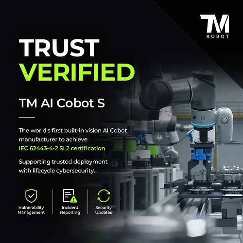 Techman Robot becomes the world’s first built-in vision AI cobot manufacturer to obtain IEC 62443-4-2 SL2 certification Techman Robot becomes the world’s first built-in vision AI cobot manufacturer to obtain IEC 62443-4-2 SL2 certification
