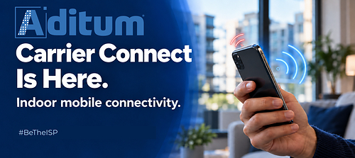 Aditum Carrier Connect promotional image showing a smartphone and the text "Carrier Connect Is Here. Indoor mobile connectivity.
