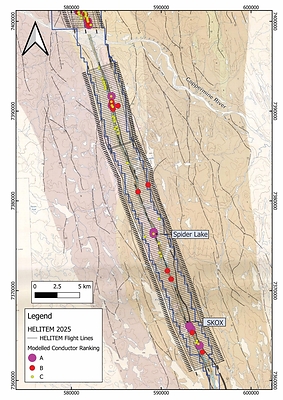 Figure 2: Geological map of the Feeder Dyke showing the flight lines of the 2025 HELITEM survey as well as all ranked conductor locations based on the recently completed detailed modelling. Figure 2: Geological map of the Feeder Dyke showing the flight lines of the 2025 HELITEM survey as well as all ranked conductor locations based on the recently completed detailed modelling.