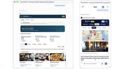 Apps built with SmartCXP AI™ for demo hotel and airline loyalty programs, running in ChatGPT desktop and mobile versions. Apps built with SmartCXP AI™ for demo hotel and airline loyalty programs, running in ChatGPT desktop and mobile versions.
