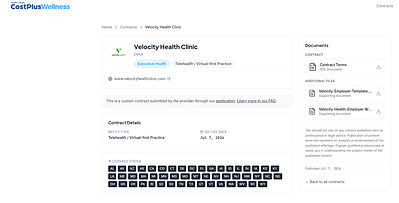 Velocity Health's Cost Plus Wellness Listing