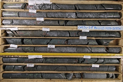 Figure 3: Drill core from CMR26-215 between 197.9 meters and 207.5 meters, including the 1.2-meter interval from 200.3 meters to 201.5 meters grading 23.58% zinc and 25.84% ZnEq. See the Note regarding drill core photographs.