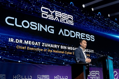 The Chief Executive of NACSA, Ir. Dr. Megat Zuhairy delivering his closing address and announcing the next edition of CyberDSA 2027 The Chief Executive of NACSA, Ir. Dr. Megat Zuhairy delivering his closing address and announcing the next edition of CyberDSA 2027