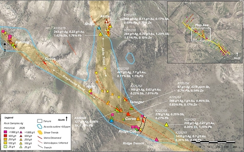 Figure 1. Greyhound and Akita shear zones, showing 2026 vein mapping, trenching, and rock sampling results to date, with historical rock samples. 