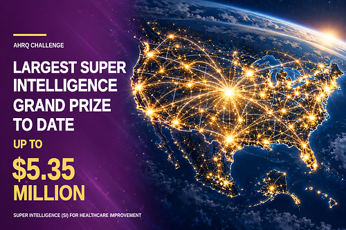 The Agency for Healthcare Research and Quality (AHRQ) has announced the Super Intelligence (SI) for Healthcare Improvement Challenge, with a grand prize of up to $5.35 million, the largest super intelligence prize to date. The Agency for Healthcare Research and Quality (AHRQ) has announced the Super Intelligence (SI) for Healthcare Improvement Challenge, with a grand prize of up to $5.35 million, the largest super intelligence prize to date.