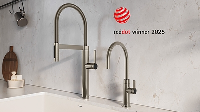 Red Dot Award-Winning BLANCOCULINA II
Also on display in the laundry section of the NKBA / Broad Hall installation, there will be the BLANCOCULINA II faucet, winner of the prestigious Red Dot Design Award 2025. A successful evolution of one of BLANCO's most celebrated faucet designs, BLANCOCULINA II combines professional-grade performance with contemporary aesthetics.
