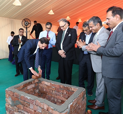 His Excellency Essa Kazim, Group Chairman, DP World; Anil Mohta, Group CFO, DP World; Yuvraj Narayan, Group CEO, DP World; His Excellency Mohamed Saif Al Suwaidi, Independent Non-Executive Director, DP World; Chandrashekhar Pitre, Vice President – Economic Zones, Nhava Sheva, DP World; and Hemant Kumar Ruia, Country Manager – SCO (India), DP World, during the brick-laying ceremony for Phase 2 of Nhava Sheva Business Park.