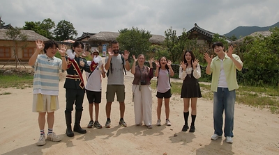 Shindong of Super Junior, actress Lim Do-hwa formerly of AOA, and Seungwoo of VICTON meeting an Italian family visiting Hahoe Folk Village and talking with them about the joys of traveling in Andong and their impressions of Hahoe Folk Village. Photo: Arirang International Broadcasting