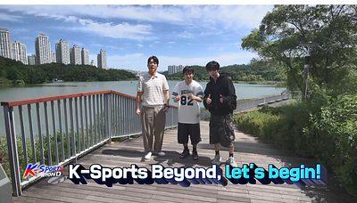 <K-Sports Beyond> Kim Hwan, along with XODIAC's Zayyan and Sing, films the opening sequence for Episode 1, “Sports Safety Gear.” Photo: Arirang International Broadcasting