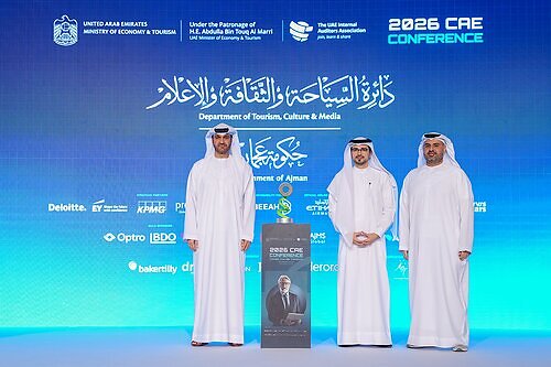 H.E. Mahmood Khaleel Alhashmi, Director General of the Ajman Department of Tourism, Culture and Media, during the announcement of the Department’s achievement of Full Conformance with Internal Audit Quality Standards, following an assessment conducted by the UAE Internal Auditors Association at the CAE Conference 2026 in Abu Dhabi. This image opens in the lightbox