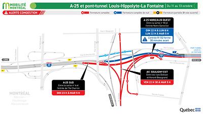 A-25 et pont-tunnel Louis-Hippolyte-La Fontaine, secteur Souligny, du 11 au 13 octobre A-25 et pont-tunnel Louis-Hippolyte-La Fontaine, secteur Souligny, du 11 au 13 octobre