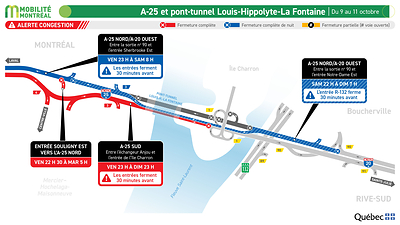 A-25 et pont-tunnel Louis-Hippolyte-La Fontaine, secteur tunnel, du 9 au 11 octobre A-25 et pont-tunnel Louis-Hippolyte-La Fontaine, secteur tunnel, du 9 au 11 octobre