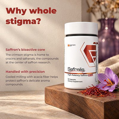 Safralis is cold-milled whole saffron stigma; chilled milling with acacia fiber stabilizes the volatile safranal.