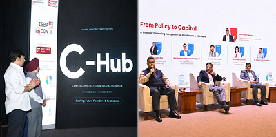 Rajya Sabha MP & CU Chancellor Satnam Singh Sandhu with Haryana Minister Gaurav Gautam at the launch of C-Hub during the National Incubator & Capital Summit 2026; attended by angel investors from across India.