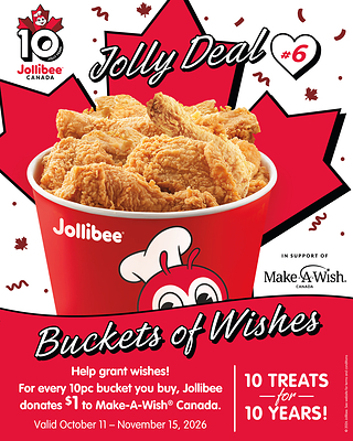 To help grant life-changing wishes for children with critical illnesses, Jollibee will donate $1 directly to Make-A-Wish® Canada for every 10-piece Jolly Crispy Chicken Bucket sold at Canadian locations from Oct. 11 to Nov. 15. 