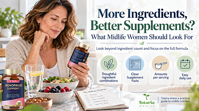 Totaria highlights four key factors for midlife women to consider when choosing multi-ingredient supplements: thoughtful ingredient combinations, clear Supplement Facts labeling, amounts per serving, and ease of daily use.