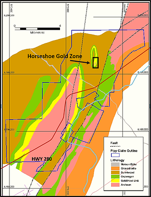 Figure 1: Horseshoe Gold Zone within the Pipy South Property and newly identified prospective geological setting to the south