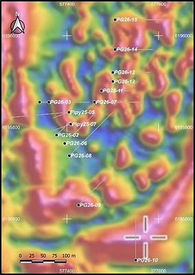 Figure 2: Horseshoe Gold Zone - 2025 and 2026 Drill Hole Locations on a Tilt Derivative Magnetic Base