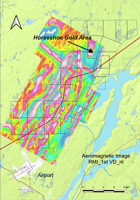 Figure 3: Aeromagnetic Image of Pipy South Property Showing the Horseshoe Gold Zone in the Northeast and the Extensive Structures to the South