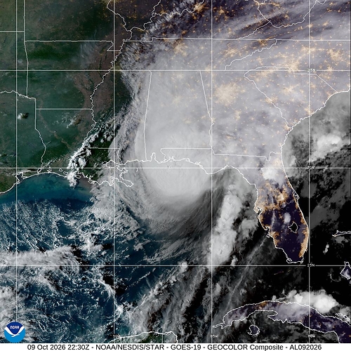 Hurricane Isaias approaching the Florida Panhandle on Oct. 9, 2026, hours before landfall near Destin. Image: NOAA/NESDIS/STAR, GOES-19.