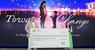 Cheque presentation of a $100,000 donation from PFPFA to The Straits Times School Pocket Money Fund at the Annual Charity Night 2026, held on 10 October at SAFRA Toa Payoh.