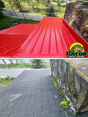 Before and after Gator Metal Roofing; from mismatching shingles and vegetation to beautiful red metal roofing.