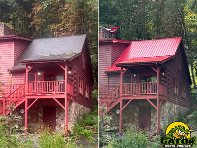 Curbside view of a Carolina home before and after Gator Metal Roofing installs a red metal roof.