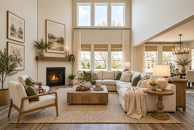 A light-filled living area by UnionMain Homes features soaring ceilings, a fireplace and an open-concept layout connecting the living and dining spaces for everyday comfort and entertaining.