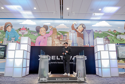John Yuksel, CEO and co-founder of Beltways, takes center stage on the Beltways module during the public unveiling at Cincinnati’s First Financial Center.