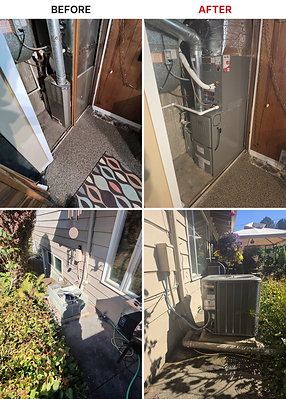 Before-and-after photos show the complete $16,000 HVAC system replacement provided at no cost to senior homeowners in Beaverton, Oregon. Aviator Heating & Cooling replaced the home's aging furnace and air conditioning system with new, energy-efficient equipment, restoring reliable heating and cooling. Featured on KOIN 6 News, this community project highlights Aviator's commitment to helping families in need throughout Beaverton, Portland, and surrounding Oregon communities.
