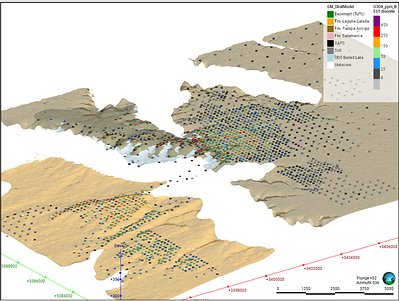 Figure 5. Overview of Laguna Salada Modelling - Distribution of U₃O₈ (25 ppm U threshold).