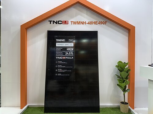 TONGWEI's TNC 2.0 FULLX G12R-48 residential solar module is displayed. This image opens in the lightbox