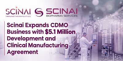 Scinai Expands CDMO Business with $5.1 Million Development and Clinical Manufacturing Agreement Scinai Expands CDMO Business with $5.1 Million Development and Clinical Manufacturing Agreement