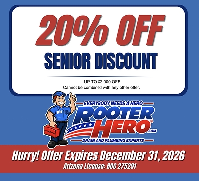 Rooter Hero promotional graphic: “20% off senior discount, up to $2,000 off.” Offer expires December 31, 2026. Rooter Hero promotional graphic: “20% off senior discount, up to $2,000 off.” Offer expires December 31, 2026.