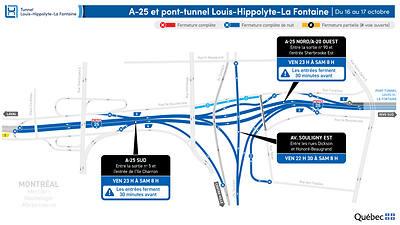 Réfection majeure du tunnel Louis-Hippolyte-La Fontaine - Fermeture du tunnel durant la nuit du 16 au 17 octobre