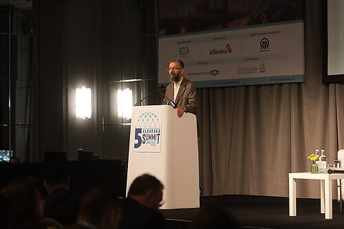 H.E. Yousef Hassan Khalawi, Secretary General of AlBaraka Forum for Islamic Economy, speaking during his opening keynote at the 5th AlBaraka Summit in London. This image opens in the lightbox