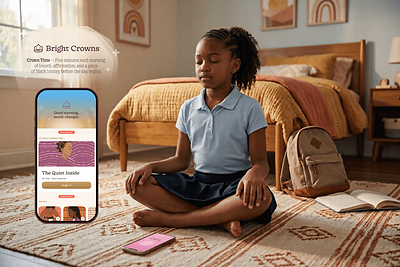 A young girl begins her morning with Bright Crowns, the first daily wellness practice built specifically for Black children. The five-minute practice combines breathwork, culturally grounded affirmations, and stories of inspiring Black figures, past and present, to build resilience, identity, and confidence. Courtesy of Bright Crowns